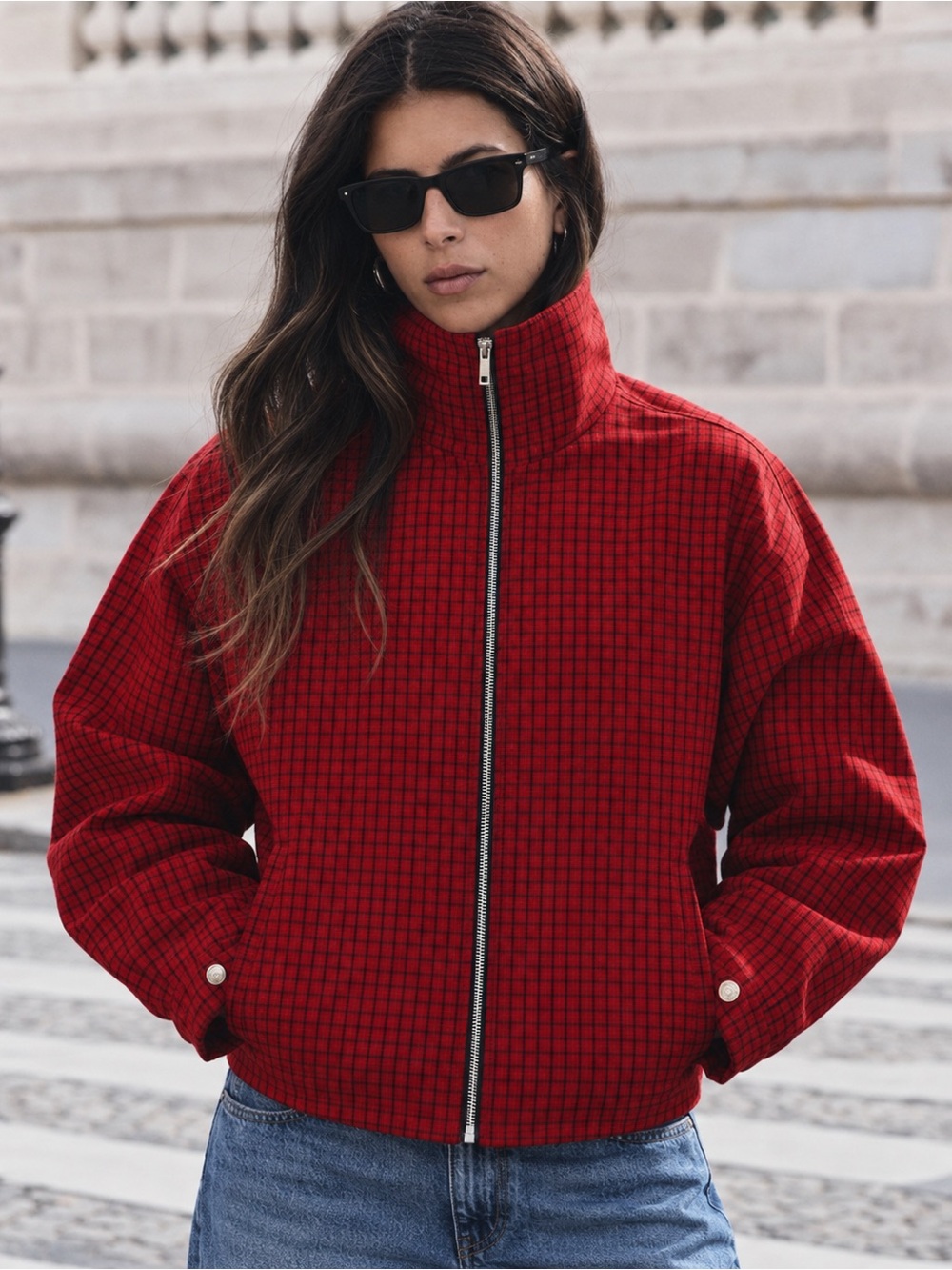 Zara Red Checked Bomber Jacket